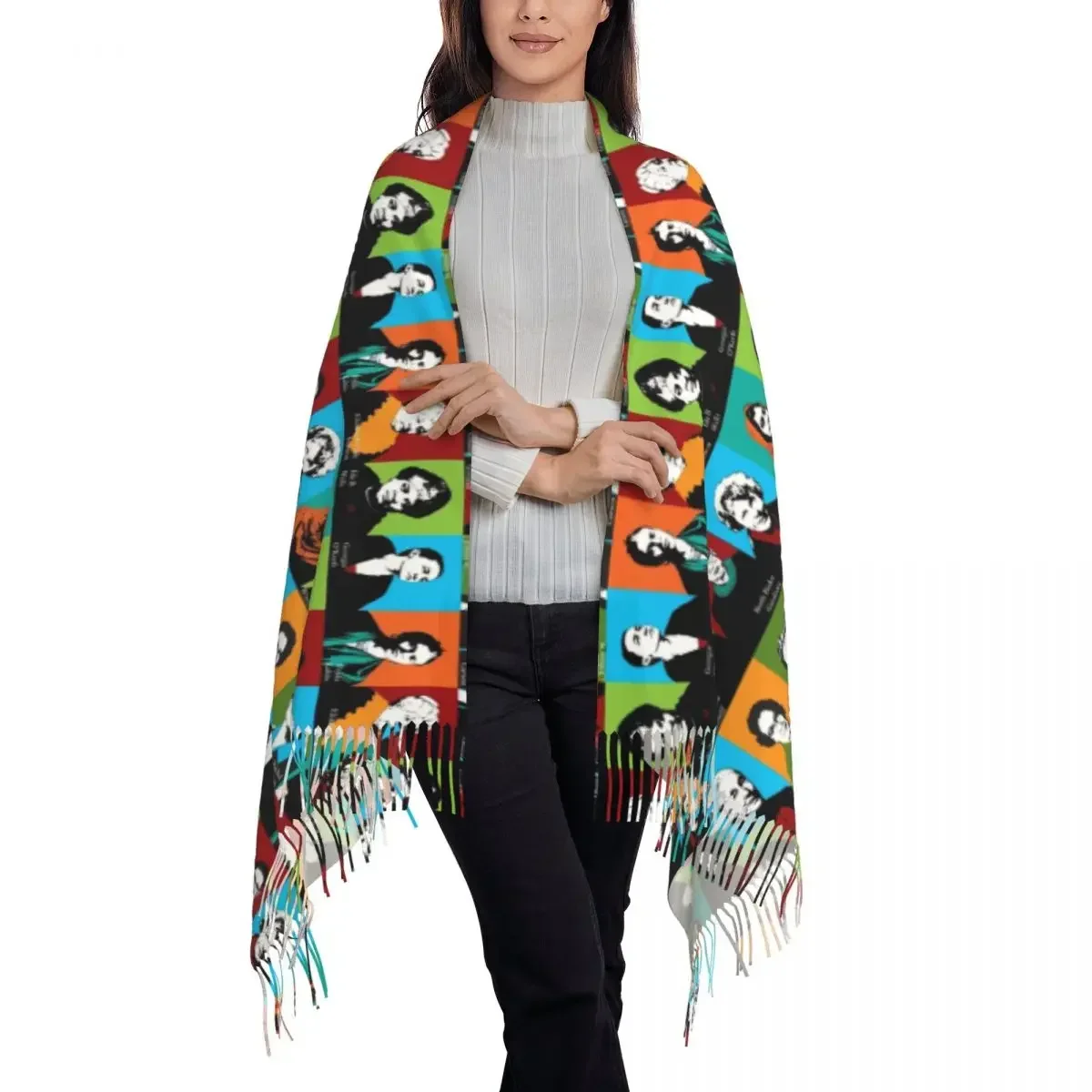 وشاح نسائي دافئ ناعم أيقونات نسوية أوشحة رأس مع شرابة فتاة قوة شال غير رسمي ملفوف باندانا جرافيك شتوي