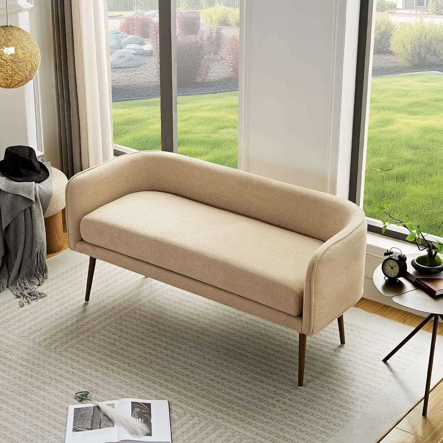 Bedroom Bench and Entryway Bench with Low backrest and armrests, Beige Fabric,Inside Sturdy Metal Frame, Customized