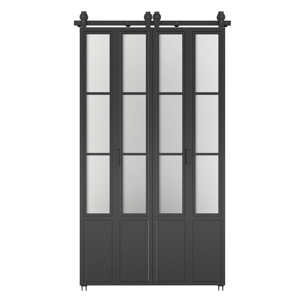 

48 in. x 84 in. 3/4 Lites Frosted Glass Black Steel Frame Double Bi-Fold Barn Doors with Hardware Kit and Door Handle