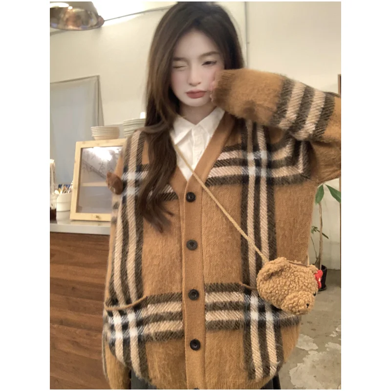 Women Clothing Brown Vintage Knitting Sweater Cardigan Jacket Lattice Long Sleeve Casual Fashion Female NEW Winter V-neck Tops