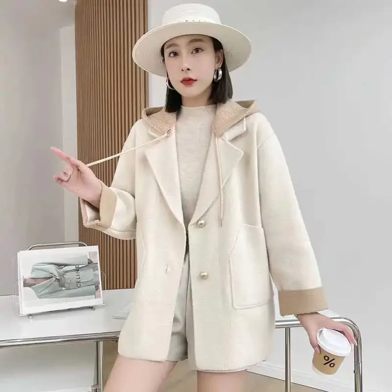 Double-sided Cashmere Coat Women's Autumn and Winter Thickened High-end Elegant Loose Mid-length Suit jacket High-end Woolen Top