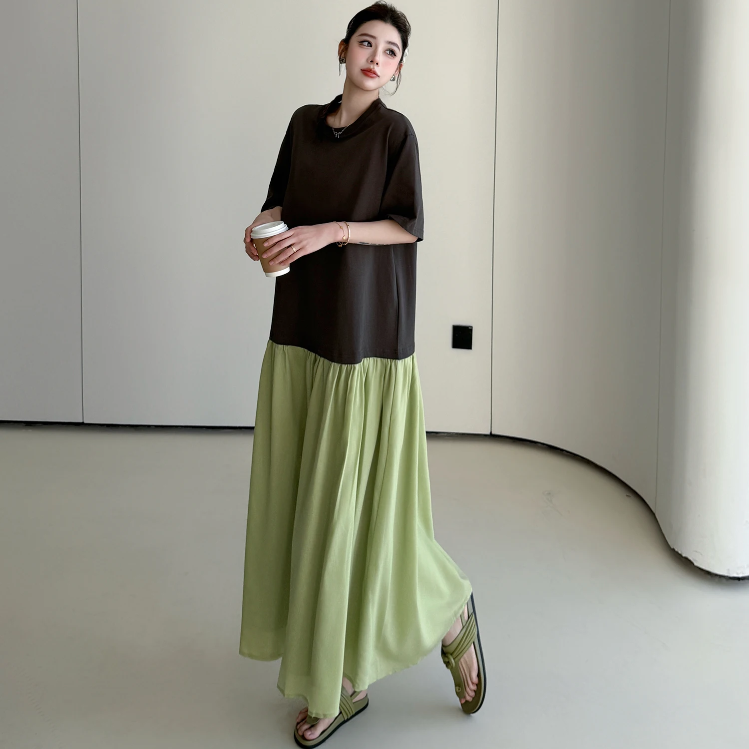 

Summer 2026 Loose Color Block T-Shirt Dress Vintage Japanese Style Green Patchwork Women's Casual Fashion Ethnic Costume