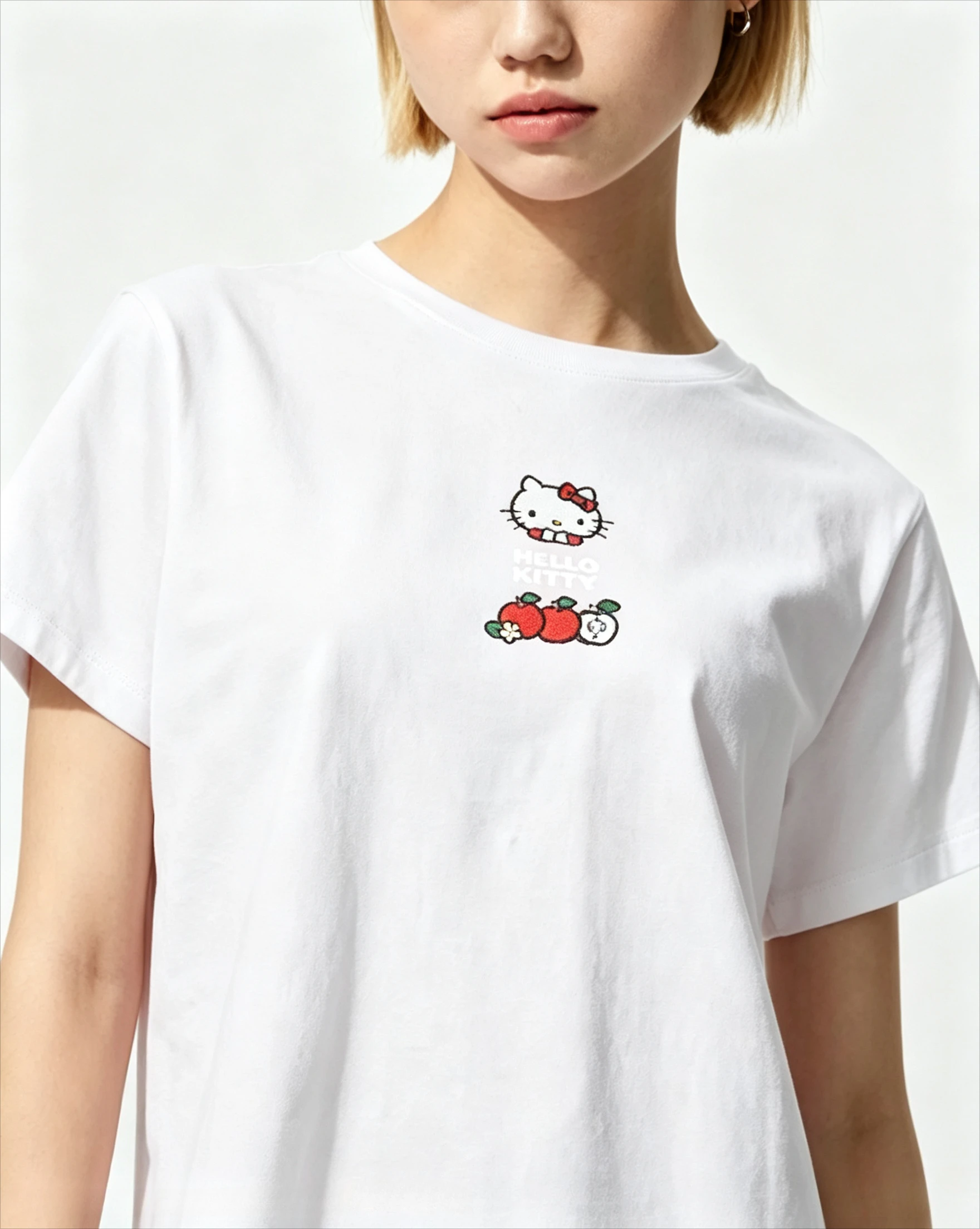 Women Hello Kitty Apple Small Print T-shirt Cute Cartoon Chest Graphic Short Sleeve Tee Casual Regular Fit Tops