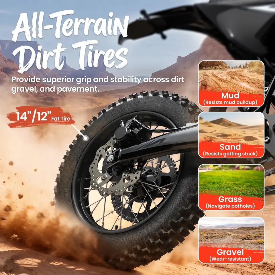 QRONGE X1 Spark Electric Dirt Bike 4500W Peak&Up to 60 Miles 50MPH 60V 28.8Ah Battery E-Bike 14"/12" Fat Tire Electric Motorcycle for Mountain Off-Road Teens Adults + 1 Year Warranty image 10
