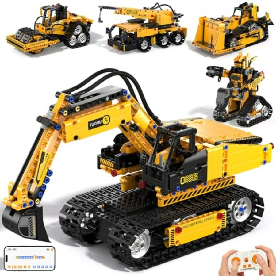 5 in 1 Building Toys STEM Robotics Kit for 6-14 Remote APP Controlled STEM Excavator Truck Robot Bulldozer Roller 535 PCS Block