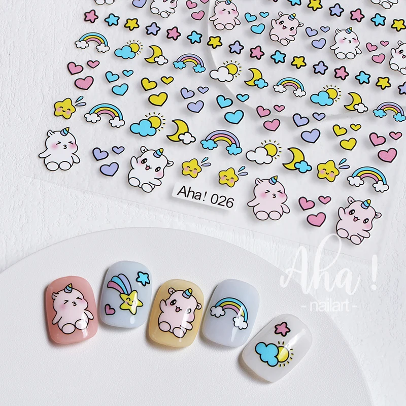 1PC Graffiti Nail Art Stickers Aha Rainbow Bear Cloud Back Glue Nail Decals Kawaii Korean Rabbit Cherry Heart Moon Star Sliders