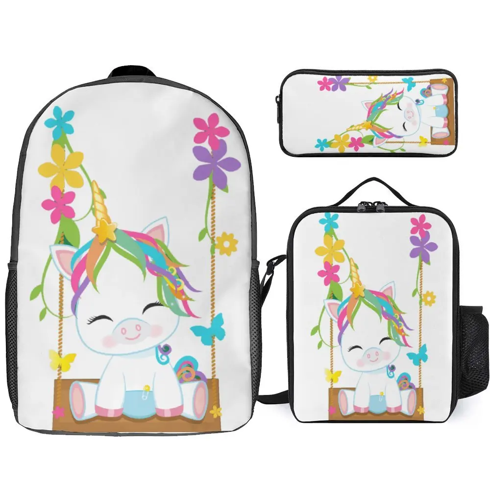 

3 in 1 Set 17 Inch Backpack Lunch Bag Pen Bag Divertidos De UNICORNIO Unicornio Firm Funny Graphic Cosy Picnics Rucksack