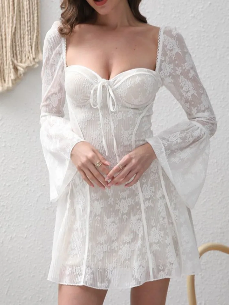 

Dresses 2025 Woman Temperament Lace Flower Square Collar Micro-flare Sleeve Waist-pack Hip Elegant All-match Solid Color Trendy