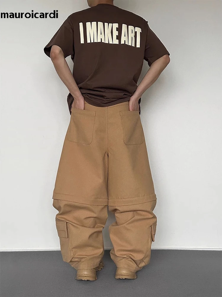 Mauroicardi Autumn Cool Khaki Wide Leg Cargo Pants for Mens Many Pockets Streetwear Clothing Fashion Loose Casual Trousers 2024