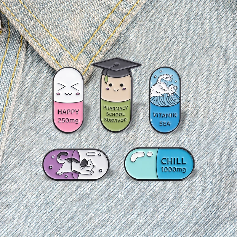 Pharmacy School Survivor Enamel Pins Custom Cat Happy Chill Pill Brooch Lapel Badges Cartoon Funny Jewelry Gift for Kids Friends