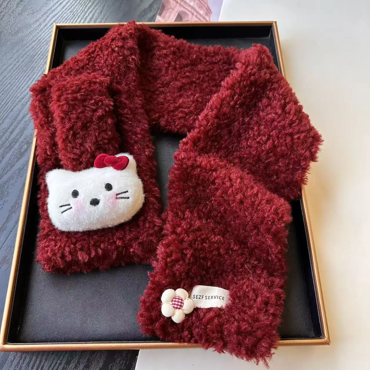 مرحبا كيتي رقيق الأزياء الكورية الكرتون لطيف القط صوف الضأن الصليب وشاح تلميذة الشتاء وشاح دافئ ومقاوم للرياح