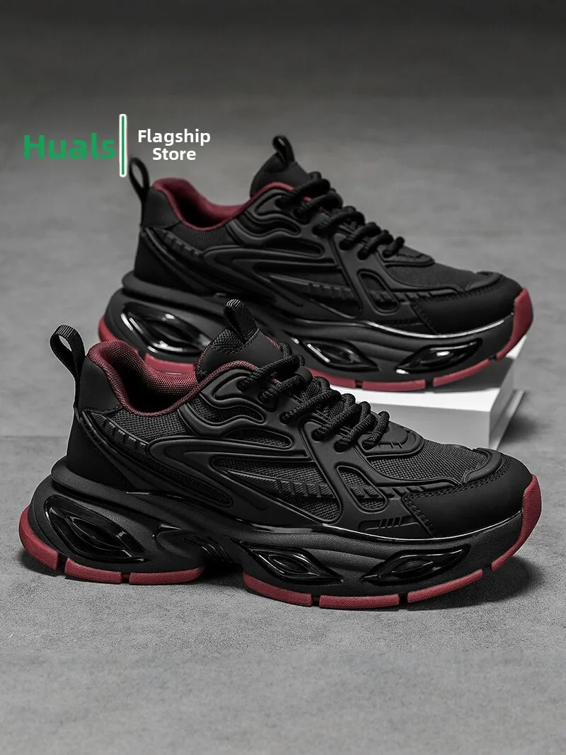 Men's Breathable Running Shoes Spring Autumn Thick Bottom Heightening Black Dad Sneakers Casual Sports Leisure Net Surface