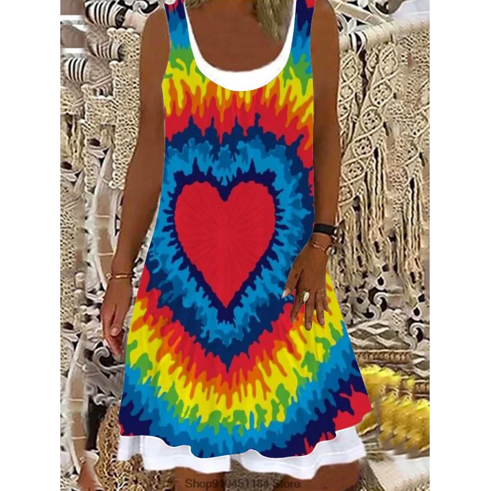 Summer Casual Tie-dye Printed Loose Dress Fake Two Piece Dress Fashion Sleeveless Beach Dresses U-neck Loose Printed A-lineDress