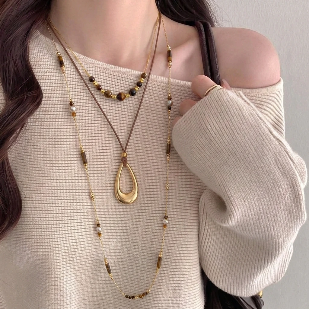 Dainty Tiger Eye Stone Geometric Teardrop Necklace Set for Women Vintage Flower Crystal Stackable Chain Party Jewelry Gift
