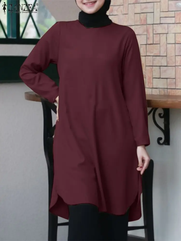 ZANZEA Ramadan Abaya Muslim Women Blouse Long Sleeve Hijab Blusas Casual Solid Long Tops Femme Work Shirt Mujer Isamic Clothing