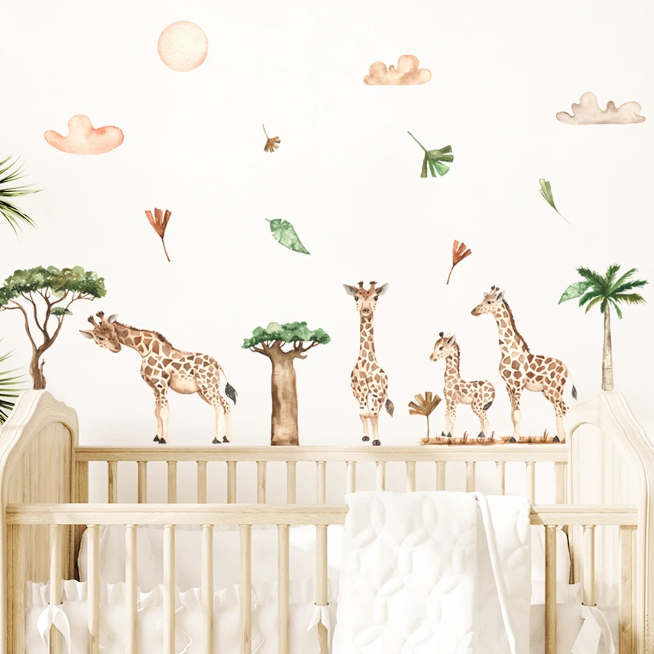 Africa Giraffe Forest Animals Trees Nursery Wall Sticker Vinyl Removable Watercolor Wall Decals Kids Room Interior Home Decor