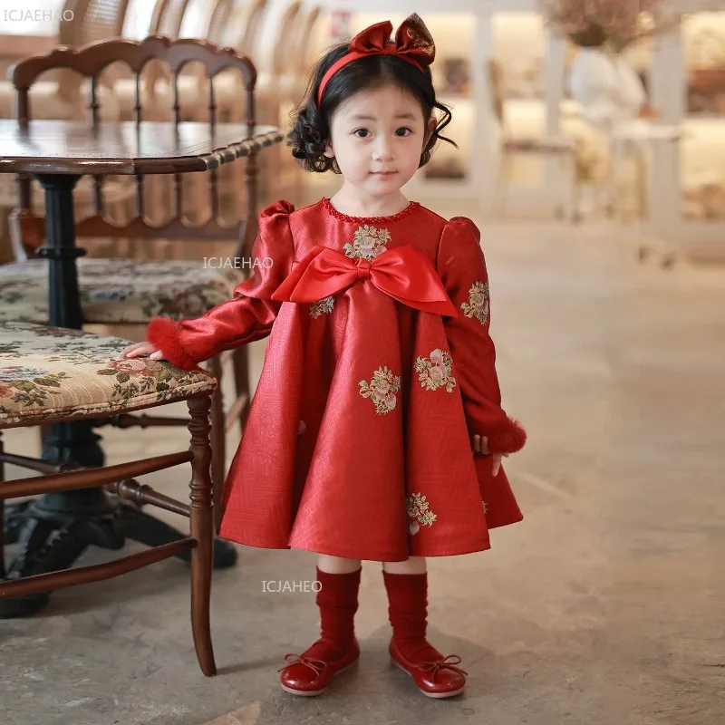 Baby Girl Red First Birthday Long Sleeve Party Dress Princess Gown Chinese Kids New Year Ceremonial Outfit Banquet Red Costume