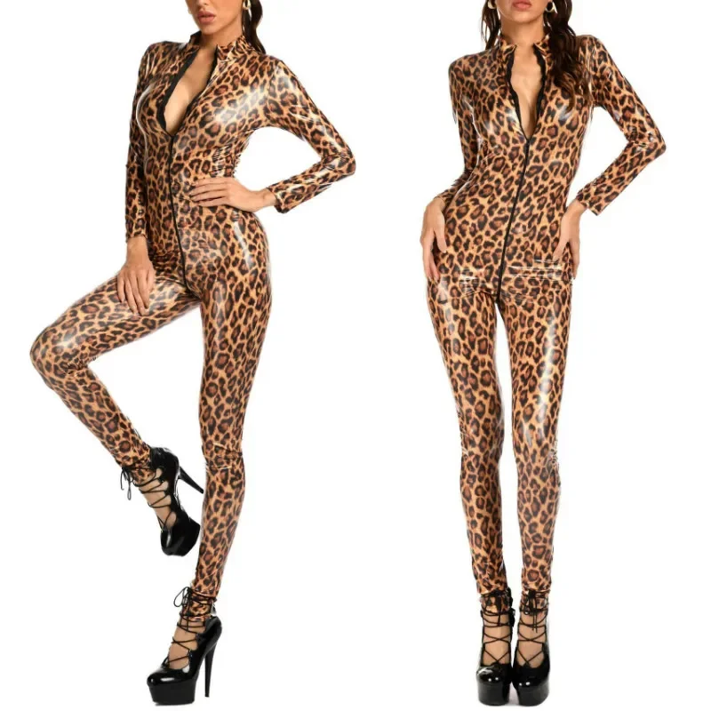 

Sexy Luipaard Bodysuit Wetlook Pvc Faux Leather Catsuit Hot Erotische Vrouwen Rits Open Kruis Jumpsuit Meesteres Sex Kostuums