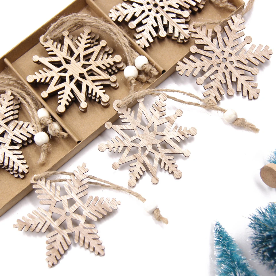 12PCS/Box Wooden Hollow Snowflake Christmas Vintage Pendants Xmas Hanging Ornaments for Noel Tree Decorations DIY Painting Gifts