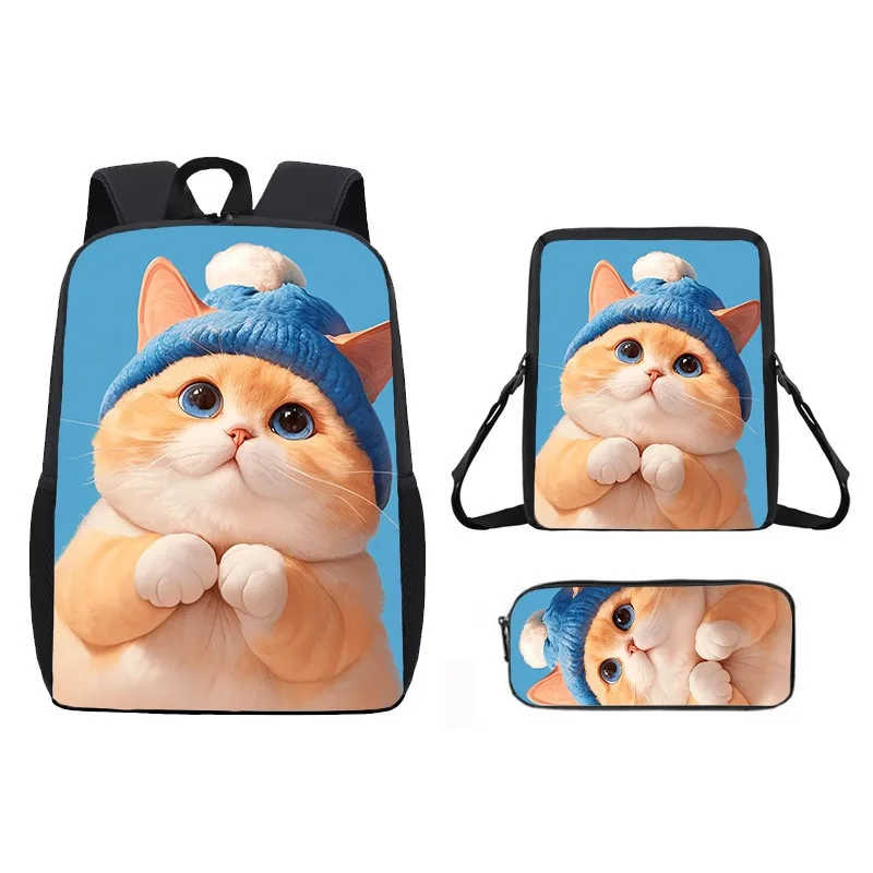 キュートな猫の仲間3点セット-リュックサック、ランチバッグ、ペンケース、学校用超柔らかいぬいぐるみ、子供たちへの最適な贈り物