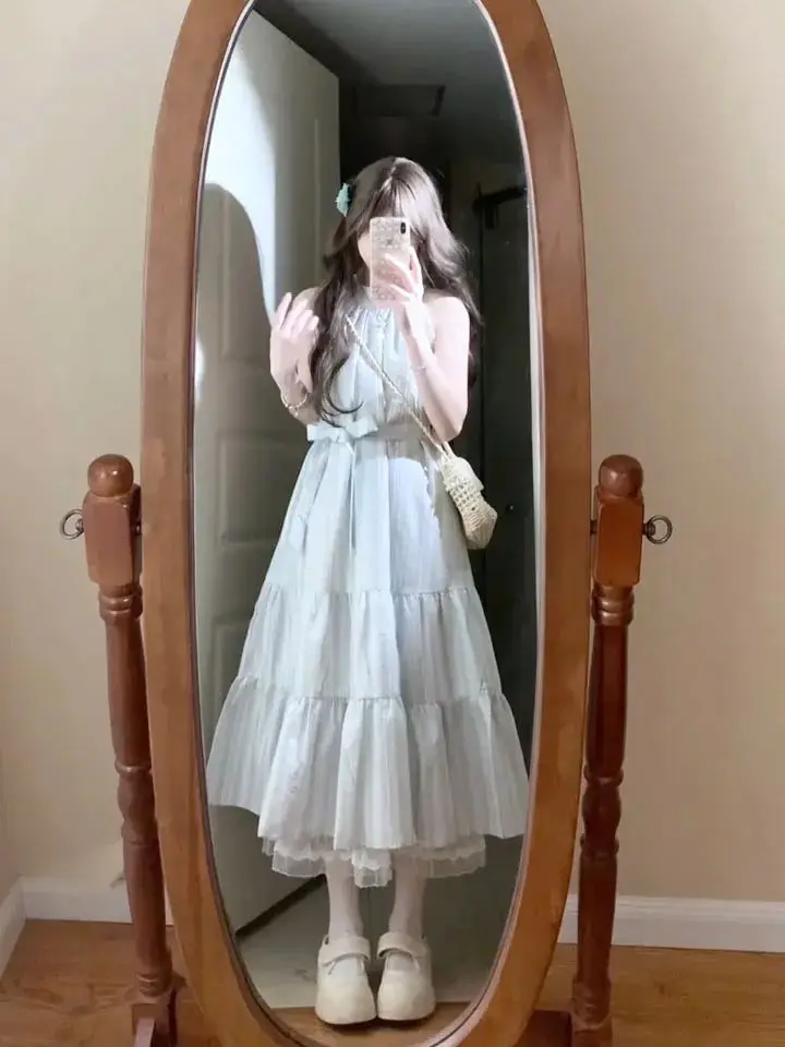 Süße Ärmellose Lange Kleid Frauen Koreanische Plaid Bogen Spitze Up Taille EINE Linie Rüschen Kleider Off Schulter Fee Strand Robe