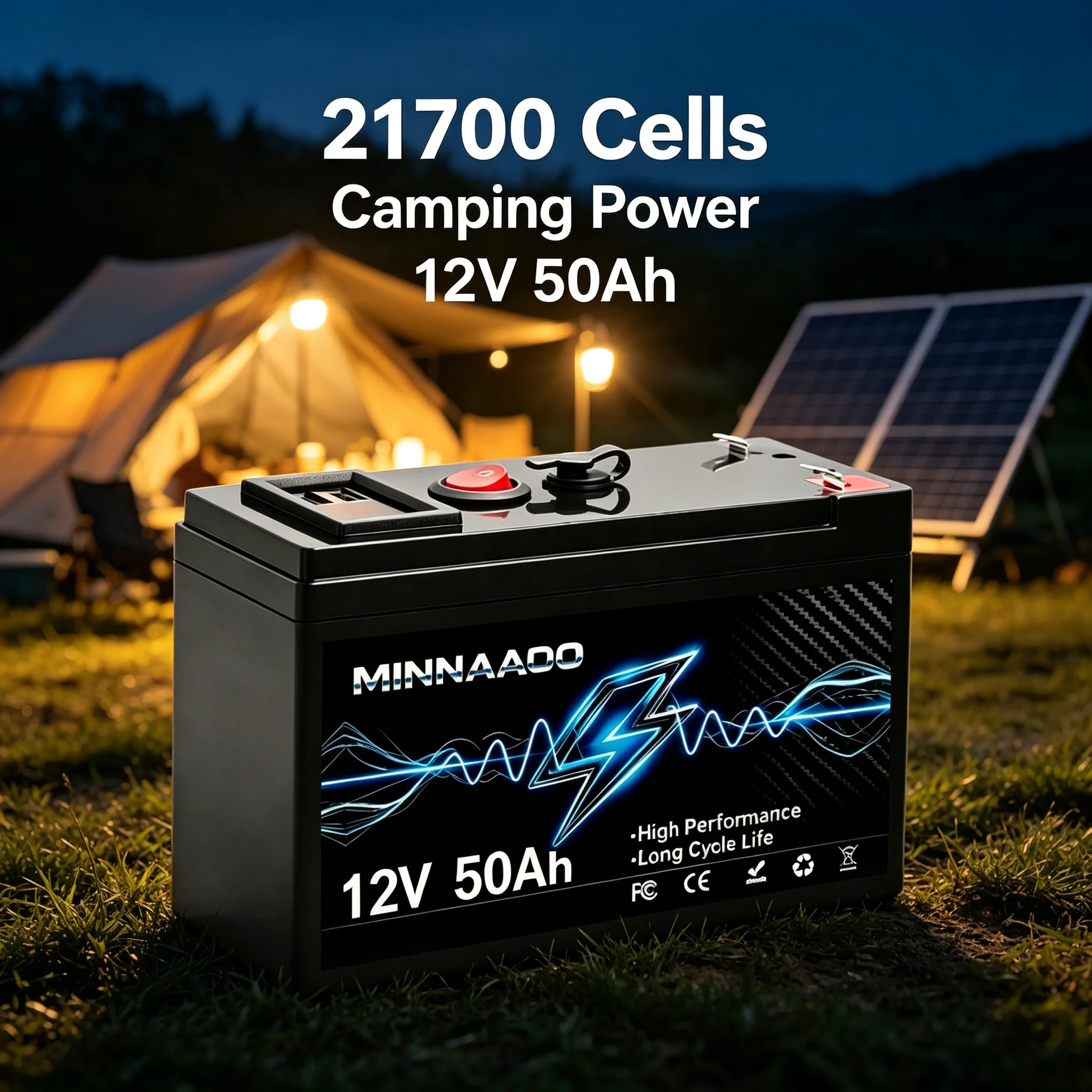 Speziell für Outdoor-Camping geeigneter 12V 50Ah LiFePO4 Speicherakku mit 21700-Zellen, Deep-Cycle, eingebautem BMS für Off-Grid-Solaranlagen, Wohnmobile, Marine, Angeln, Yachten.