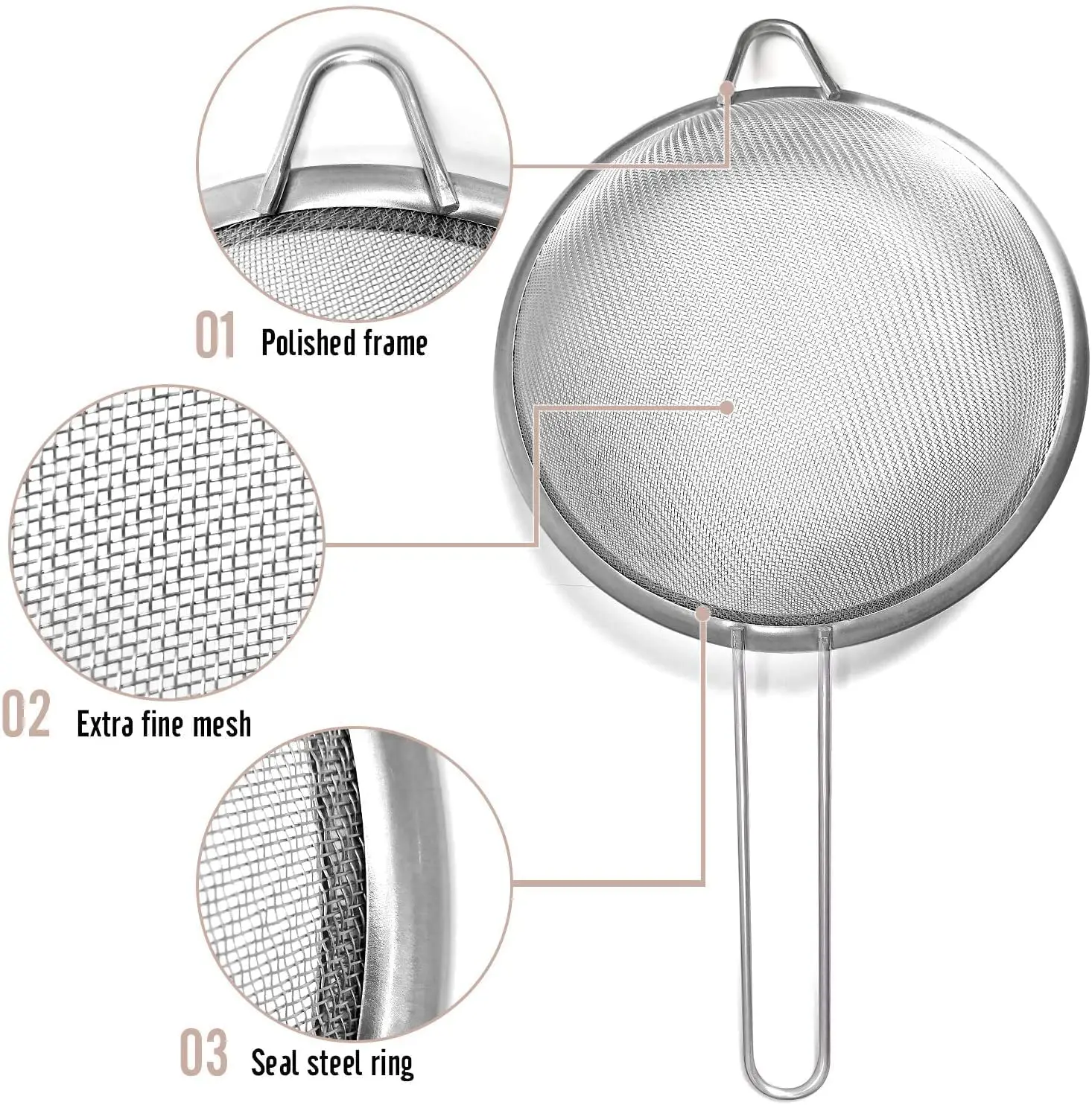 Walfos Fine Mesh Strainers  Premium Stainless Steel Colanders and Sifters with Reinforced Frame and Sturdy Handle Perfect