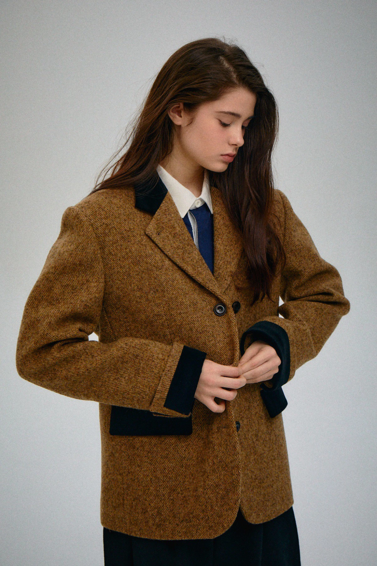 PREON Autumn Winter Wool Blend Color Block Suit Jacket Women's Casual Fashion Commute Style Long Sleeve Classic Collar Coat