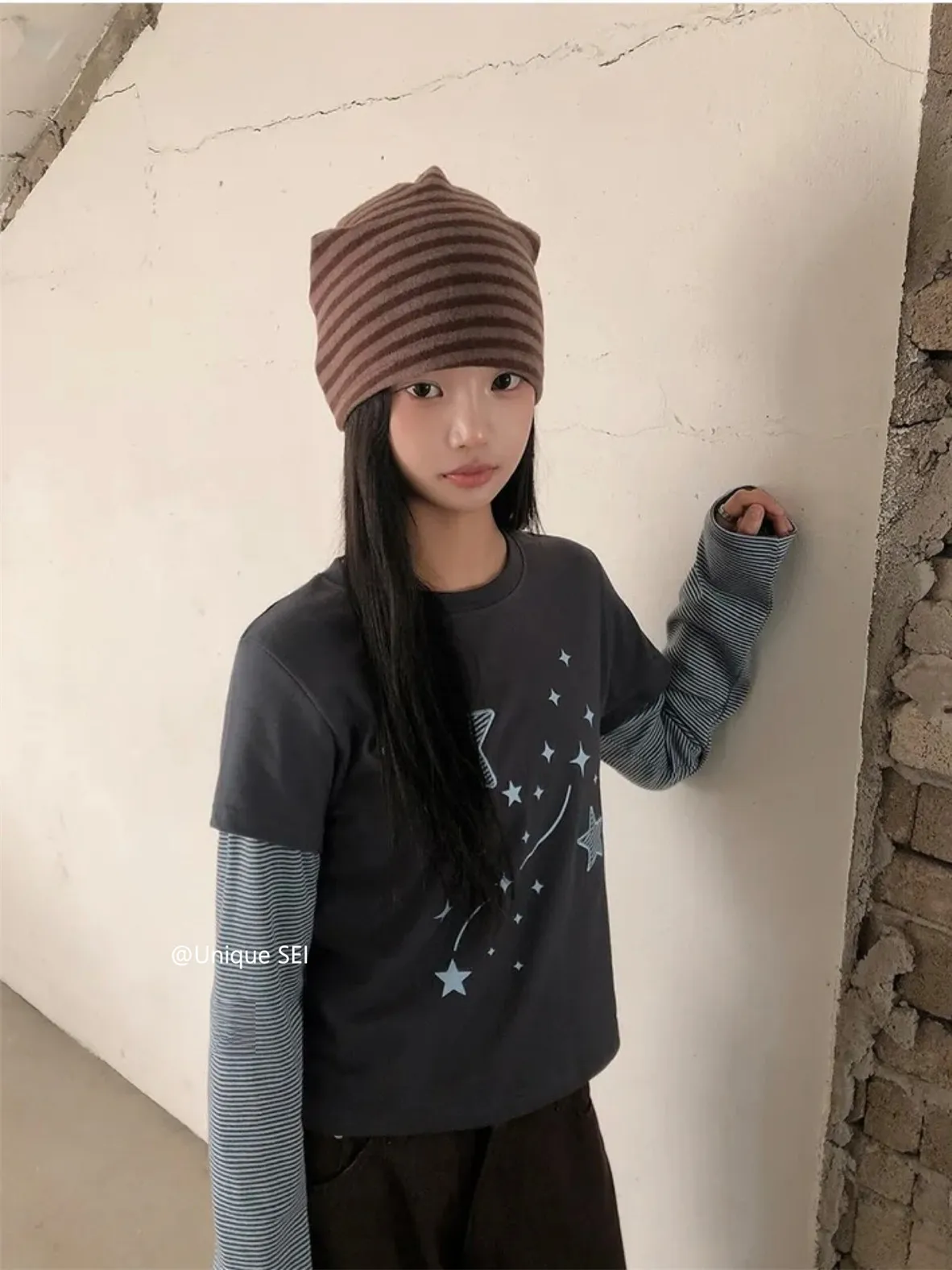Korean Star Color Blocking Stripe Long Sleeves Patchwork Fake Two-piece T-shirt Spring New Casual Graphic T Shirts Women Y2k Top