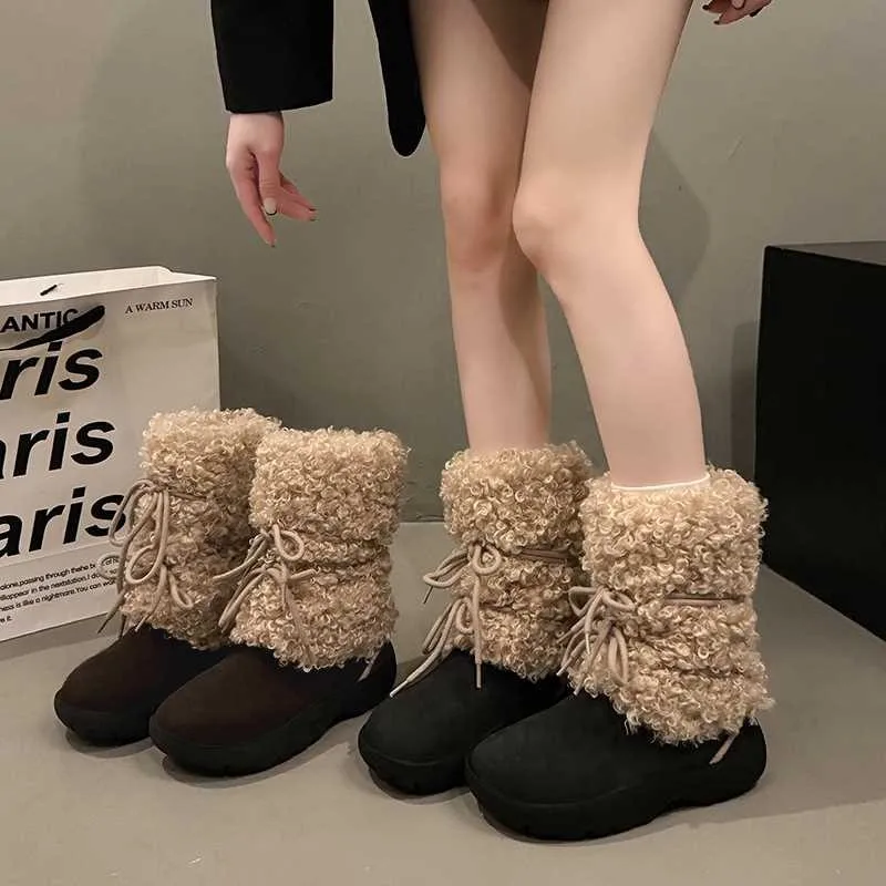 

Retro Thick-soled Brown Boots Plus Velvet Thickening Short Boots Women's Winter New Warm Furry Shoes Increased 5CM Snow Boots