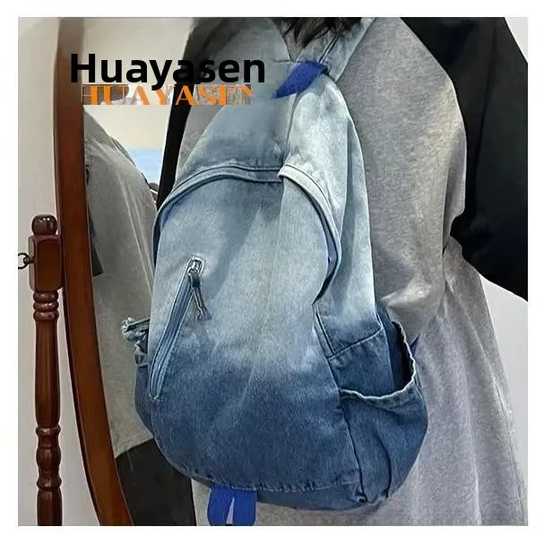 Vintage Washed Denim Backpack Large Capacity Casual Style Student Bag Retro Japanese Aged Double Shoulder Bag for Daily Use