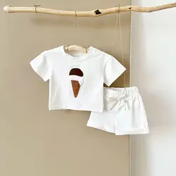 INS Summer Baby Clothes Set Newborn 2PCS Ice Cream Print Round Neck T-shirt+Sports Shorts Boys Girls Infant Toddler Outfit Set