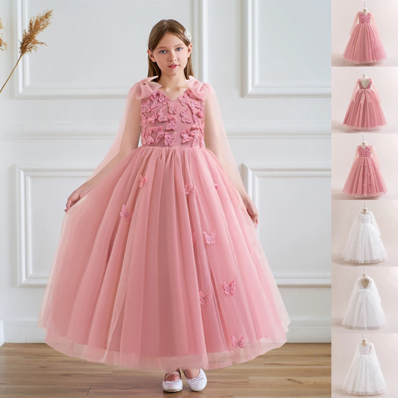 

MQATZ Summer Dress Butterfly Pink Bow Baby Clothes Children Princess Prom Host Flower Girls Wedding Bridesmaid Long Ball Gown