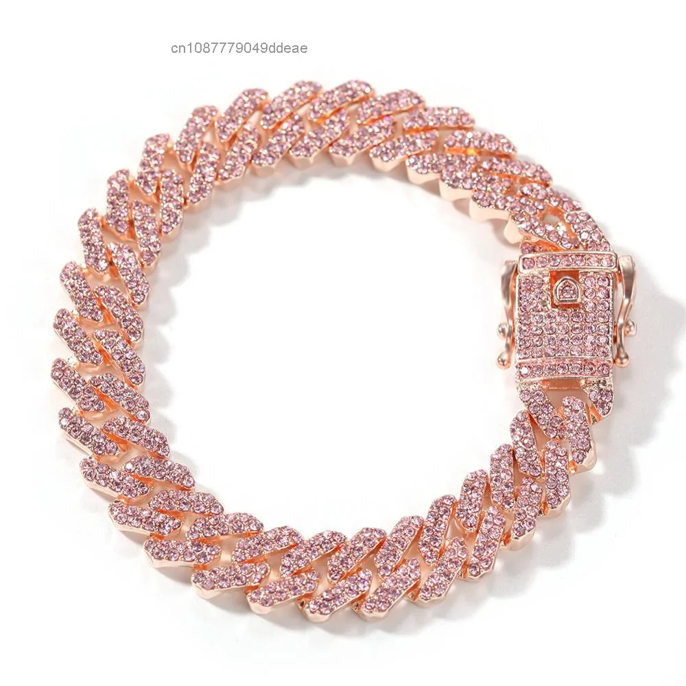 

Wholesale 12mm Pink Cuban Chain Necklace Iced Rhinestone with Miami Cuban Link Rose Gold Plating Moissanite Jewelry