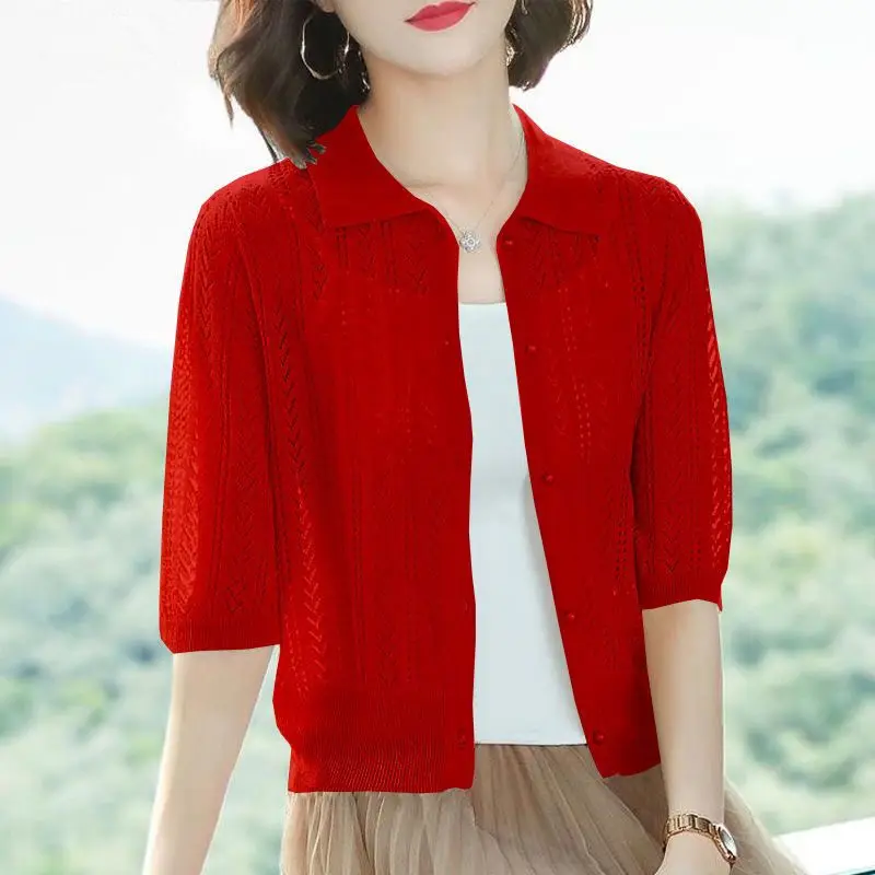 Fashion Lapel Knitted Button All-match Hollow Out Shirt Women\'s Clothing 2023 Summer New Casual Tops Half Sleeve Korean Blouse