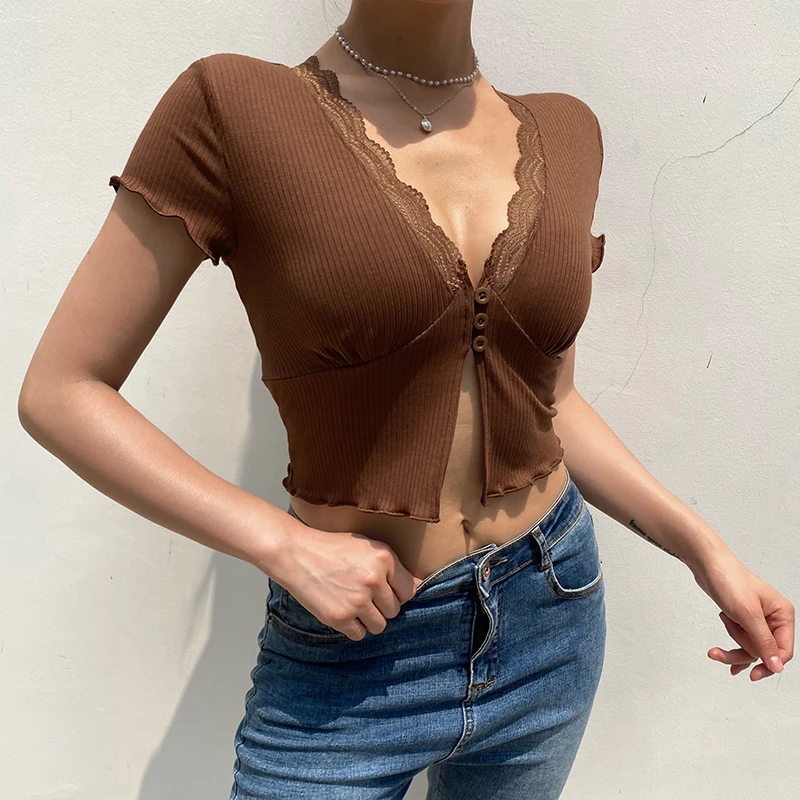 Y2K Lace Patchwork Women T Shirt Korean Sexy Streetwear V-neck Crop Tops Female Summer Casual Short Sleeve Chic Tees New