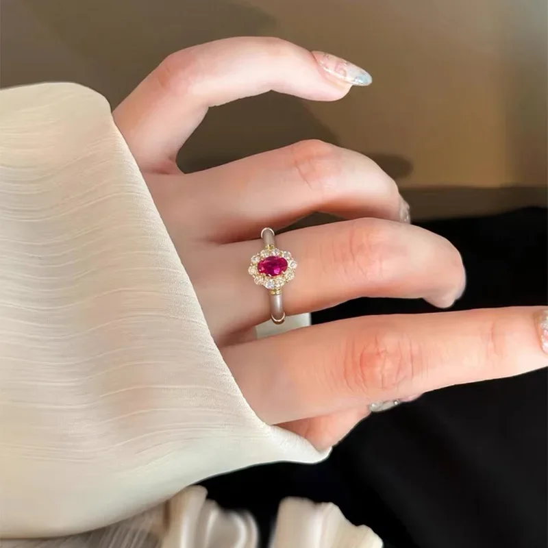 

NEWNEWS925 Серебряное легкое роскошное ретро-кольцо в форме цветка с красным бриллиантом 4*6 мм, эллиптическое матовое кольцо