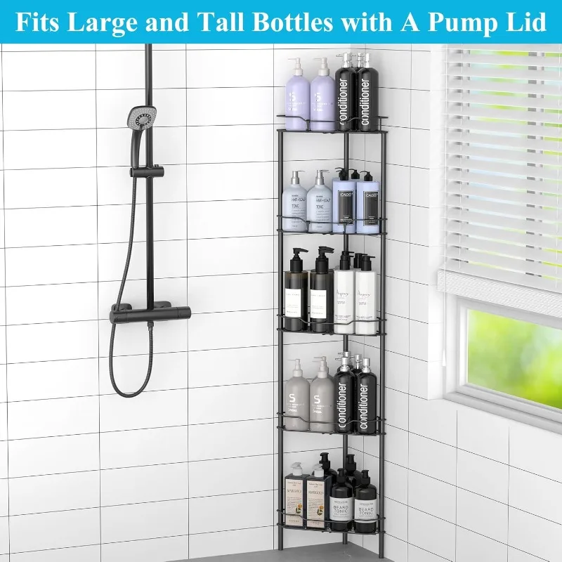 5 Tier Floor Standing Corner Shower Caddy Organizer Shelf with Hooks, Bathroom Storage Organization