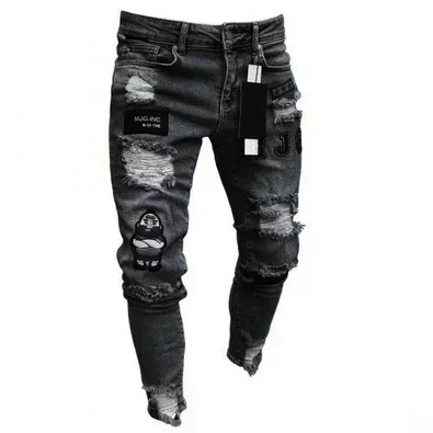 

Punk Plus Size Pants Men Skinny Ripped Hole Patchwork Jeans Slim Pencil Denim Hip Pop Trousers Autumn Winter Streetwear Men's