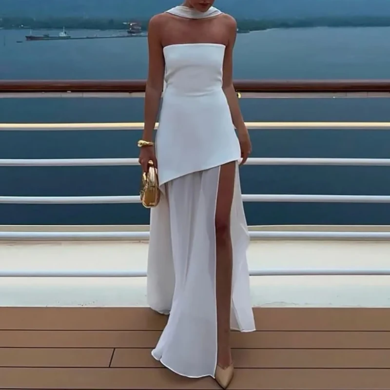 Casual Mesh Patchwork Women\'s Long Dress Fashion Strapless Split Banquet Dress 2025 Spring Summer Elegant Solid Holiday Dresses