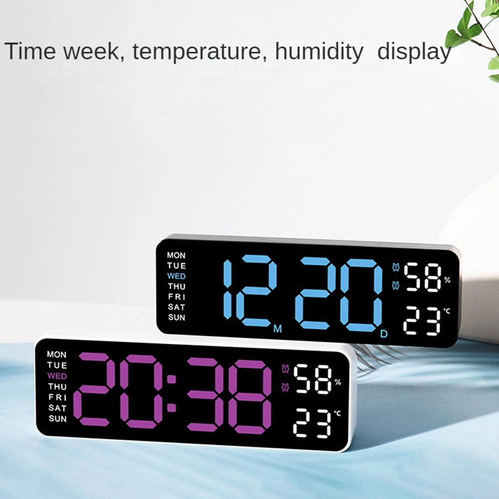 12/24H Large Digital Wall Clock Brightness Adjustable Electronic LED Table Alarm Clock Temperature Humidity Week Display Clock