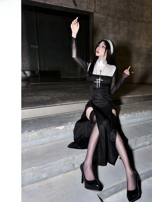 Fsia de Freira Sexy para loween, Fsia de Festa para Adultos, Fibra de Poliéster 00%, Vestuário Tradicional Chinês...