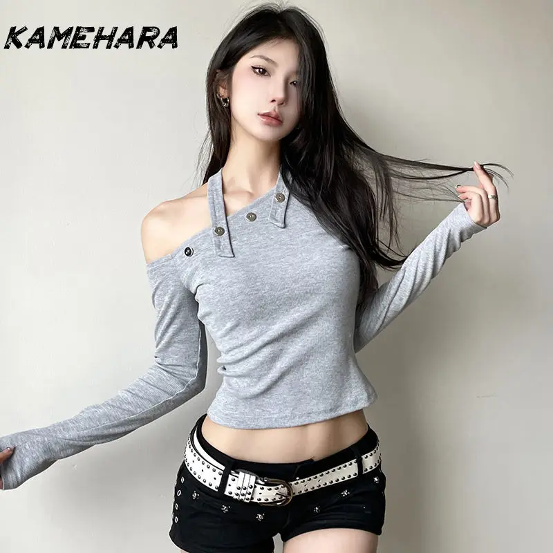 

KAMEHARA Spicy Girl Button Up Neck Decoration Shirts Y2k Punk Shibuya Street Slanted Collar Off Shoulder Long Sleeve Knitted Top