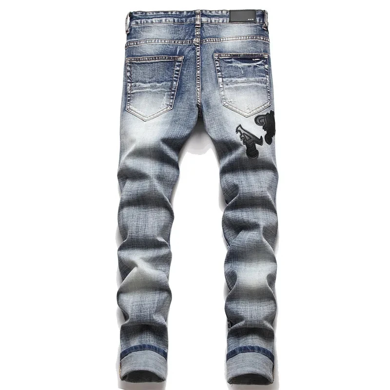 New Fashion Brand Embroidery Men’s Jeans Ripped Streetwear Jeans Punk Style Pants for Man Slim Fashion Small Feet Men\'s Jeans