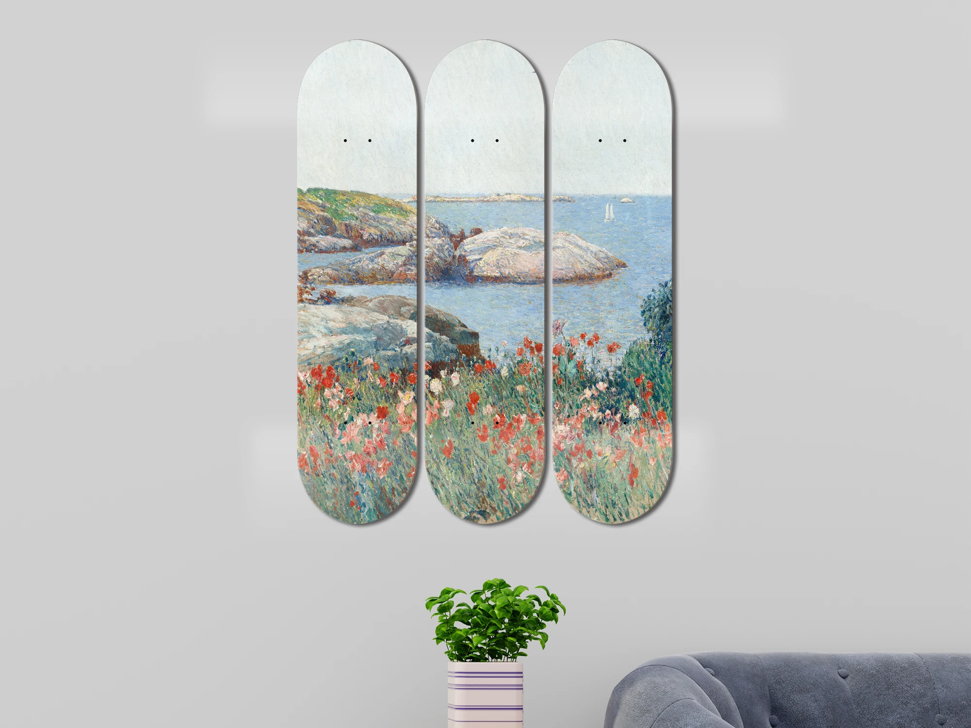 Impressionist Seaside Poppy Seascape 3Pcs Skate Deck Wall Art Vintage Landscape Home Decor