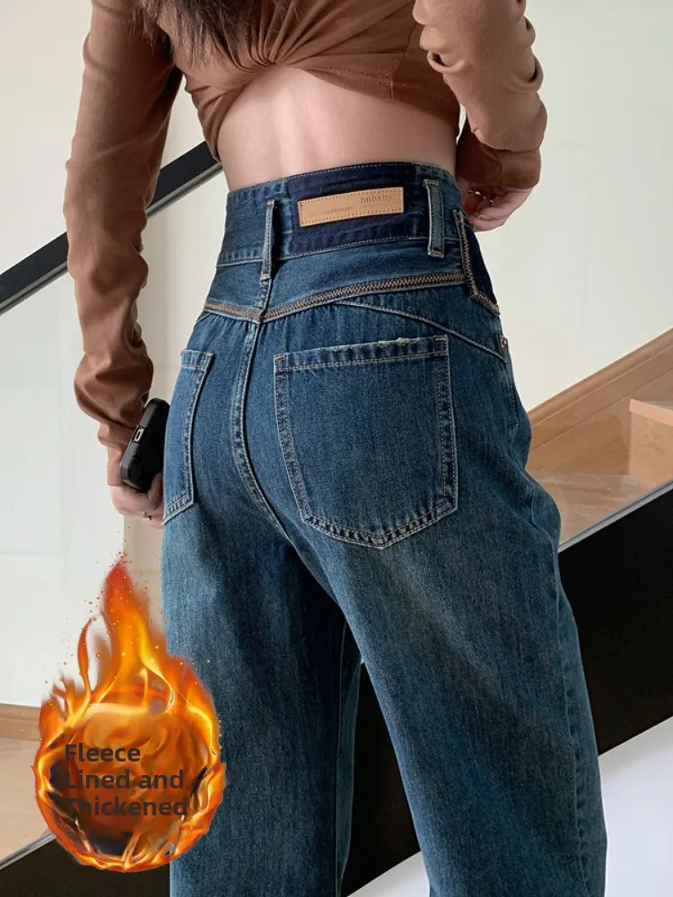 

Женские джинсы прямого кроя на флисовой подкладке с высокой талией, длинные брюки, модный дизайн для фигуры типа «груша», осень-зима, новинка