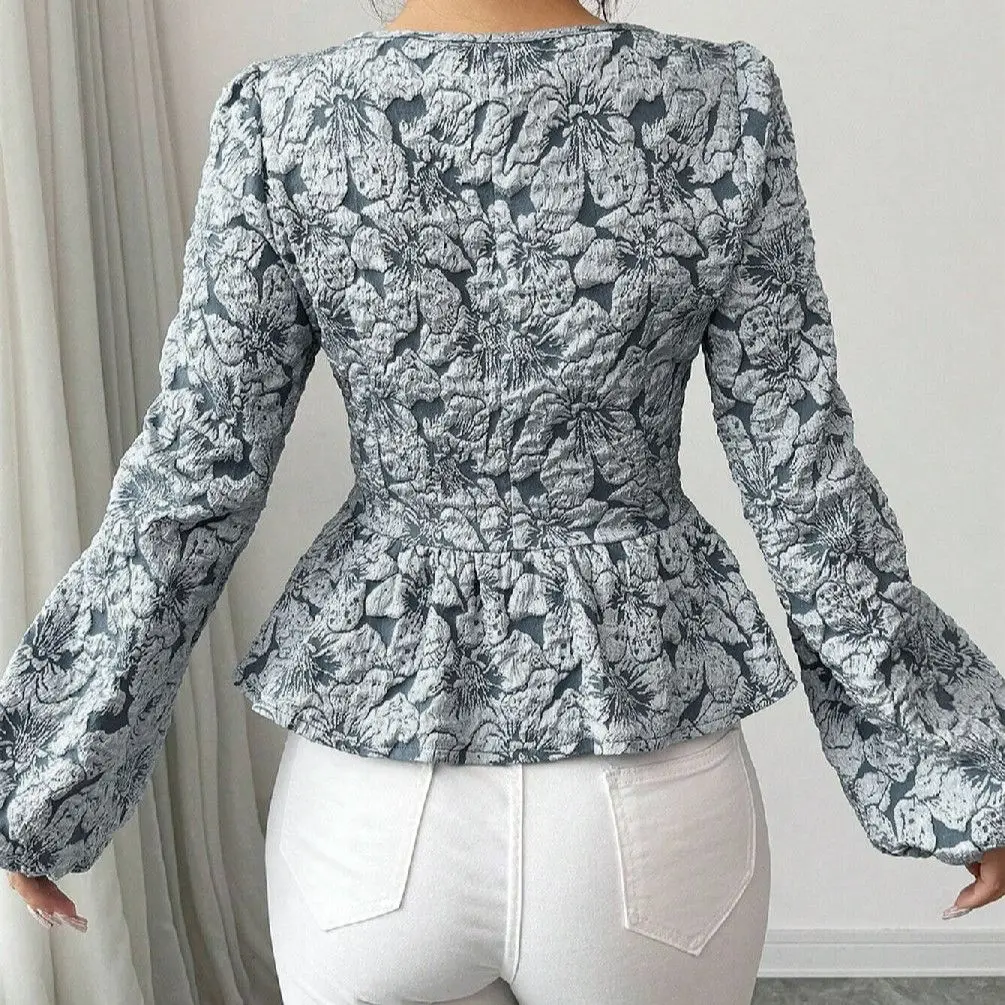 Camicia autunnale francese Nuova camicia floreale a bolle a maniche lunghe con colletto quadrato retrò Top corto