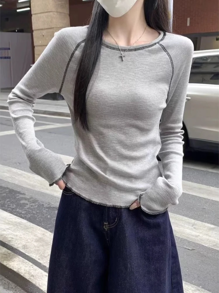 

Новый пуловер с круглым вырезом и длинными рукавами, женский весенне-осенний корейский модный повседневный уличный свитер, базовая футболка, однотонный облегающий трикотаж, топ