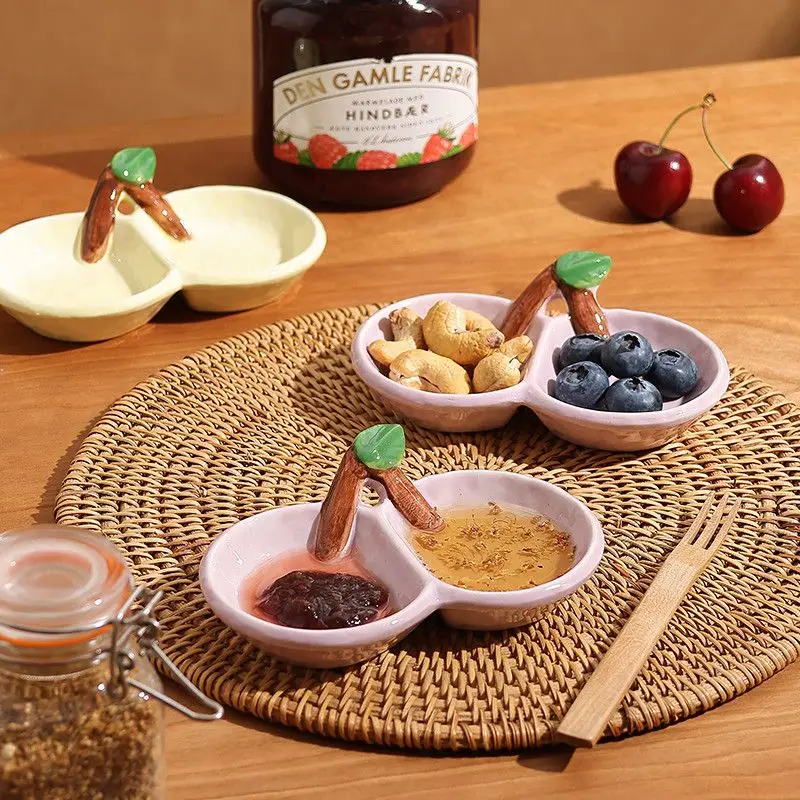 Cute Cherry Double Grid Snack Plate, New High Beauty Household Ceramic Seasoning Plate, Divided Soy Sauce Plate, Dipping Dish