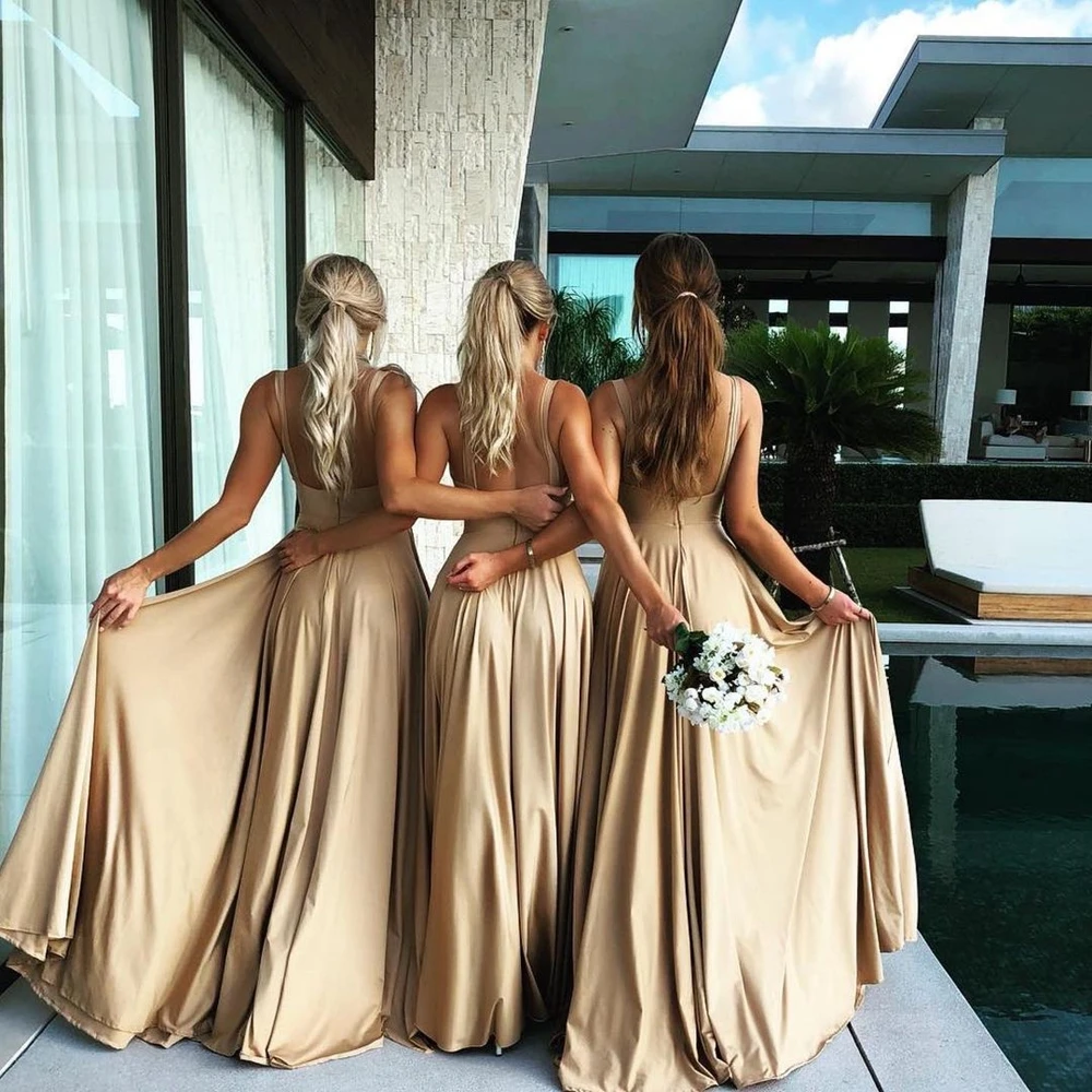 Long Champagne Bridesmaid Dresses Women Sister Group V-Neck A-Line Elegant Formal Wedding Party Evening Gowns Vestido De Festa